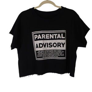 Grrrl OS M L Parental Advisory Black Cropped T-Shirt Amenah Style Athletic Cross